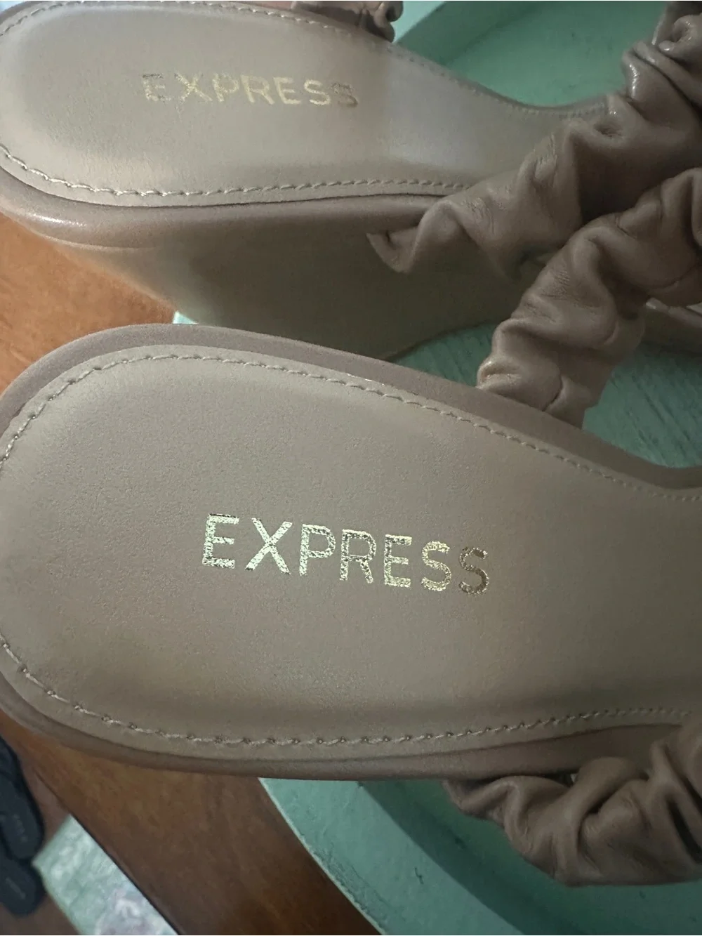 Express Wedge Slide Sandals with Ruched Straps - Tan